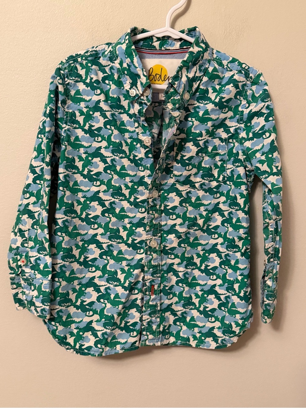 Mini Boden Green Dragon Button Up Shirt